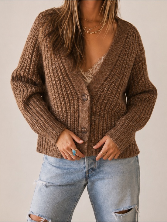 Lucky Brand Sweaters - Lucky Brand Brown Chunky Knit V-Neck Cardigan Sweater Small